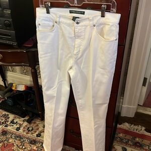 Ladies white jeans with decorative inlay on legs